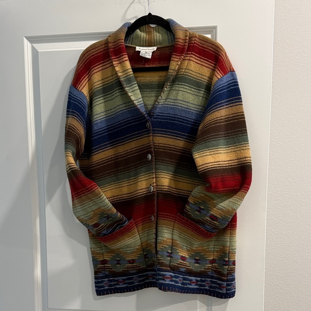 Robert Scott Striped Shawl Collar Cardigan Sweater detailed bottoms sz s 💯 wool